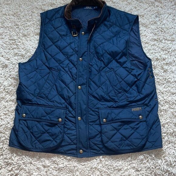 POLO Ralph Lauren Navy Blue Quilted Vest Brown Corduroy Collar Women’s XXL - Picture 1 of 15